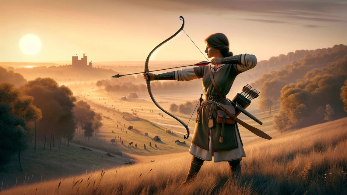 a young medieval woman standing on a hill pulls back the arrow of her longbow, she's over looking a field dotted with villagers with a castle in the distance as the sun throws an amber glow to the scene
