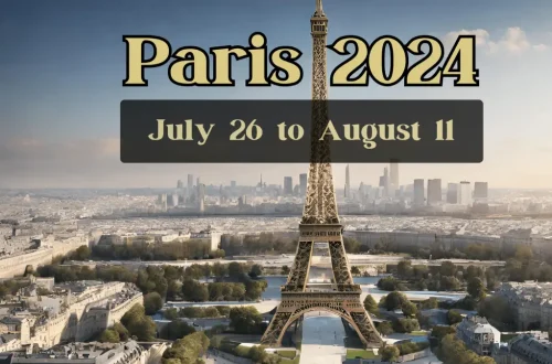 a panoramic view of Paris, with a more expansive perspective that includes the Eiffel Tower and the city's landscape with the text "Paris 2024" referencing upcoming Olympic games