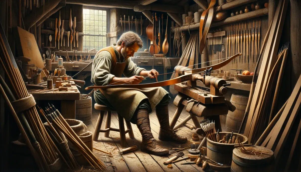 a bowyer in his workshop, focusing on the craftsmanship involved in making bows, highlights the artisan's skill and deep understanding of woodcraft, set against the backdrop of a traditional workshop filled with tools and materials for bow making