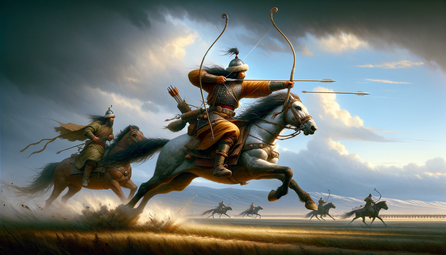the Mongol archer technique known as the "Parthian Shot," captures the skillful maneuver of a Mongol archer demonstrating this iconic technique on horseback, set against the vast Mongolian steppe