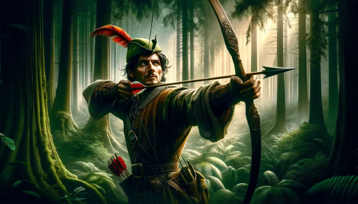 Robin Hood, showcasing the legendary hero's exceptional skill with the bow, set against the backdrop of a lush forest reminiscent of Sherwood Forest