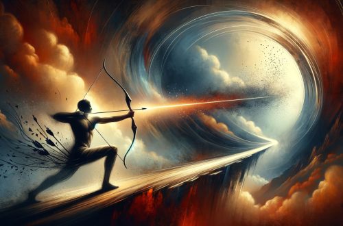 The Bow and Arrow symbolism, depicting the metaphorical journey of overcoming personal challenges and achieving victory, designed to evoke a sense of empowerment and resilience