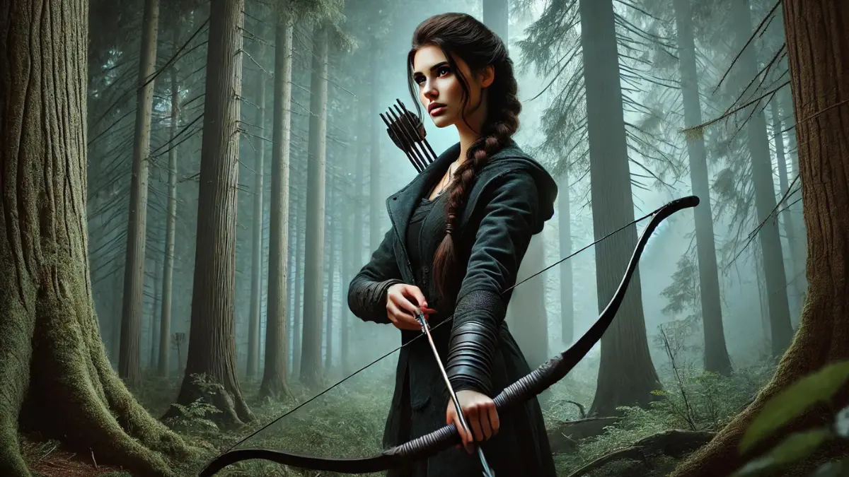 A fantasy scene featuring a strong, determined young woman with long, dark hair tied back in a braid, standing in a dense, mystical forest dressed in a dark, practical outfit suitable for hunting holding a bow with an arrow drawn, ready to shoot