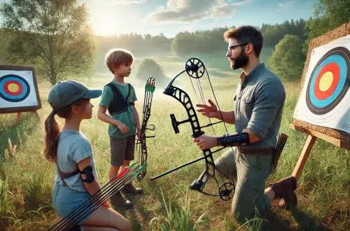 an archery instructor showing two kids, around 8-12 years old, the basics of archery protection. The scene takes place outdoors in a grassy field with a few trees in the background on a sunny day. The instructor, a patient-looking adult wearing casual outdoor attire, is demonstrating the use of armguards and finger tabs to the kids, who are listening attentively. The kids are also dressed in casual outdoor clothing and are holding their own beginner bows. The atmosphere is educational and friendly, focusing on safety and proper technique in archery
