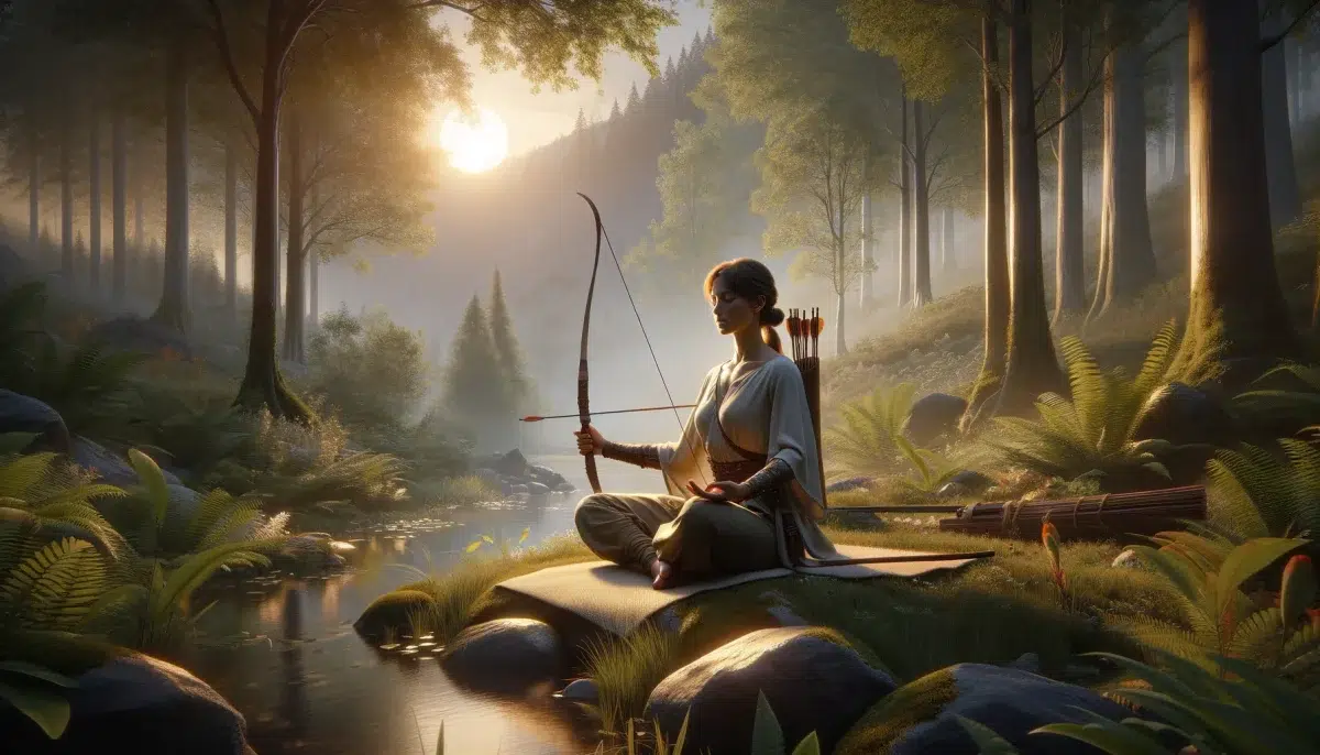 a woman archer to illustrate the spiritual and philosophical aspects of archery, set in a serene and natural environment conveying the essence of archery as a path to mindfulness and self-discovery