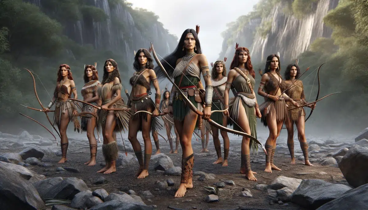 Amazonian women archers, inspired by historical and mythical interpretations, highlighting their prowess in archery and their legacy as symbols of female strength and independence