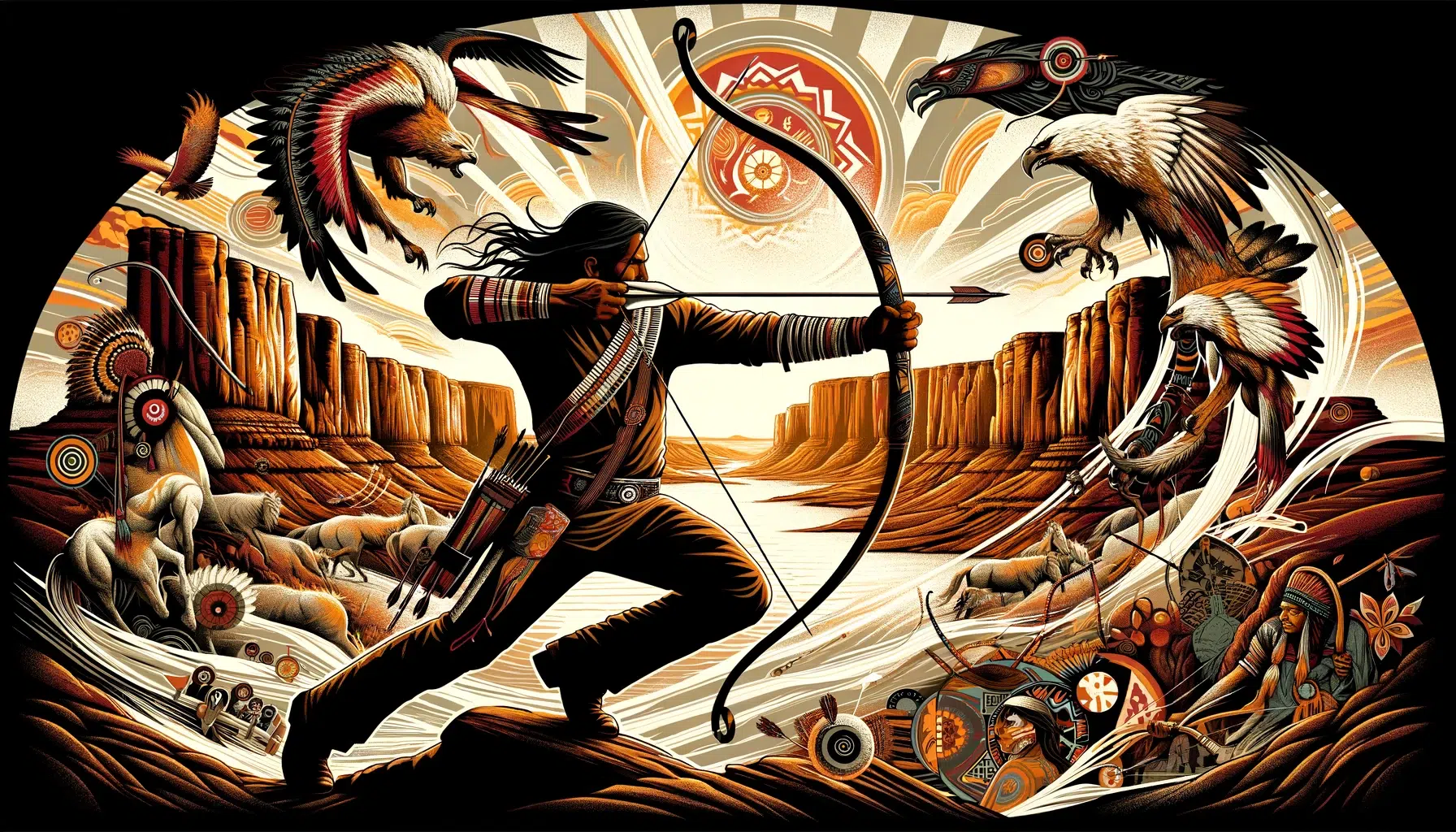 essence of archery in Navajo mythology, featuring tales of the bow and its heroes set against the backdrop of the Navajo Nation's landscapes and combines mythological elements with the natural beauty of Navajo land, reflecting the cultural and spiritual significance of archery
