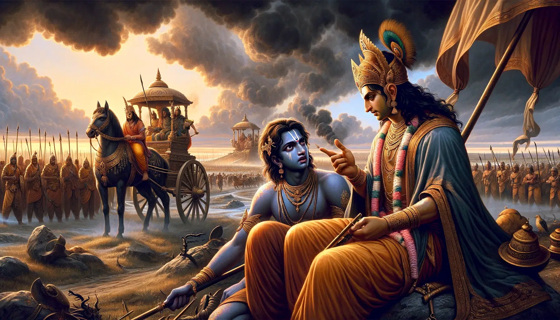scene depicting Arjuna in the Bhagavad Gita. This image illustrates the emotional and spiritual exchange between Arjuna and Krishna on the battlefield of Kurukshetra
