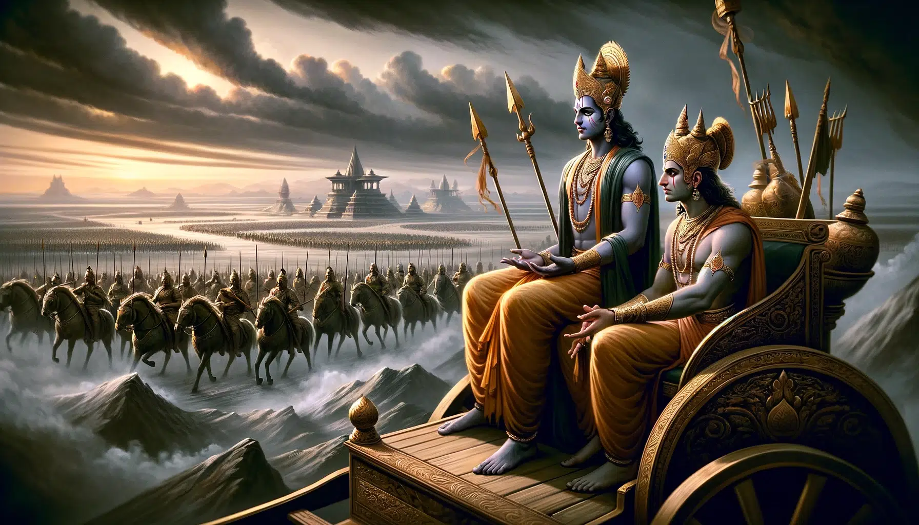 depicting Arjuna in the Bhagavad Gita, as requested. It captures the moment of his contemplation and dialogue with Krishna on the battlefield of Kurukshetra