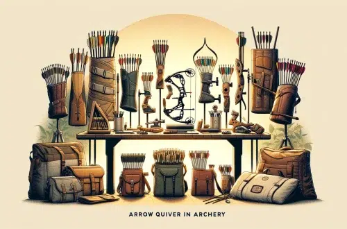 shows various types of arrow quivers placed on a table and in bags at an archery range, focusing on their design and material differences in a typical archery setting