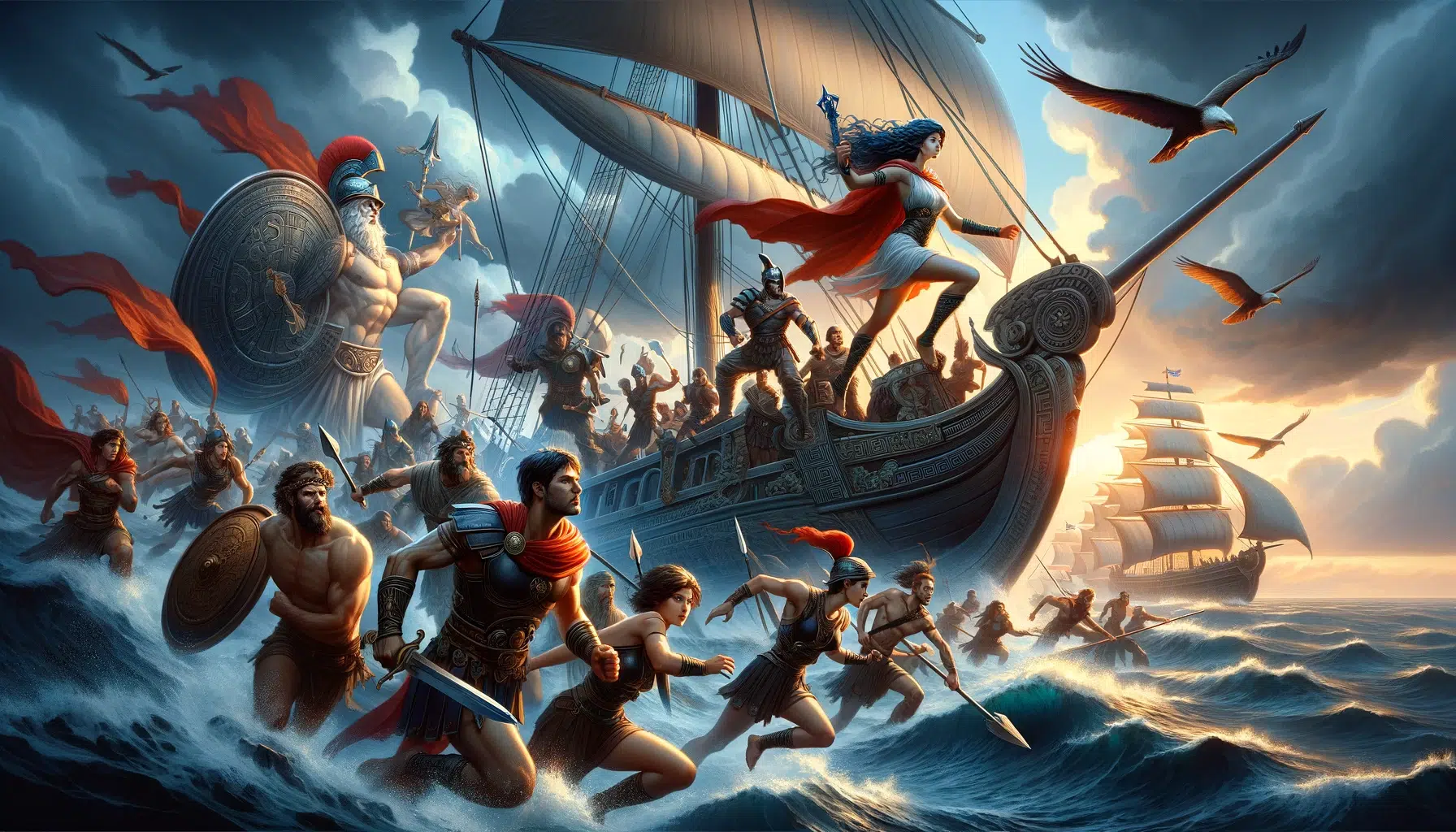 Atalanta's adventures with Jason and the Argonauts, showcasing a moment of cooperation and bravery with the iconic ship Argo in the background