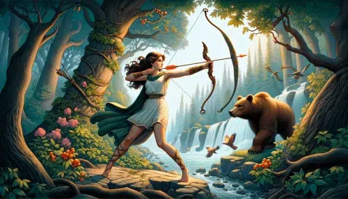 Atalanta's upbringing and her extraordinary skill with the bow, set against the backdrop of her early life in the wild. This scene highlights her independence, exceptional archery prowess, and the natural influences that shaped her into a mythological icon