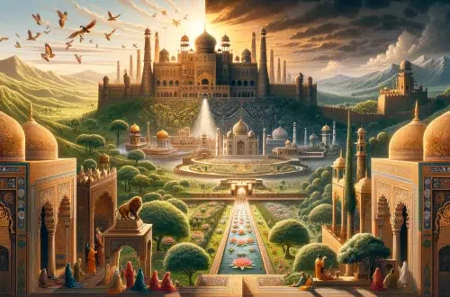 artwork also captures the transition of Babur from the Timurid dynasty to the founding of the Mughal Empire, with a blend of cultural and architectural elements from both periods.