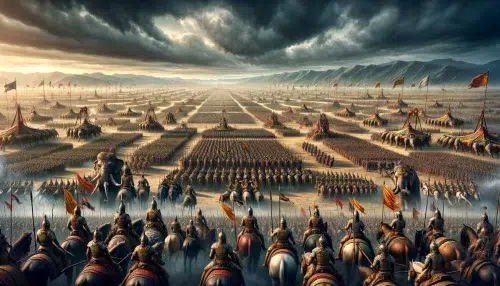 visualizing the battlefield of Kurukshetra just before the great battle as described in the Mahabharata. This scene captures the vastness and tension of the moment, filled with warriors, horses, and elephants, under a dramatic sky