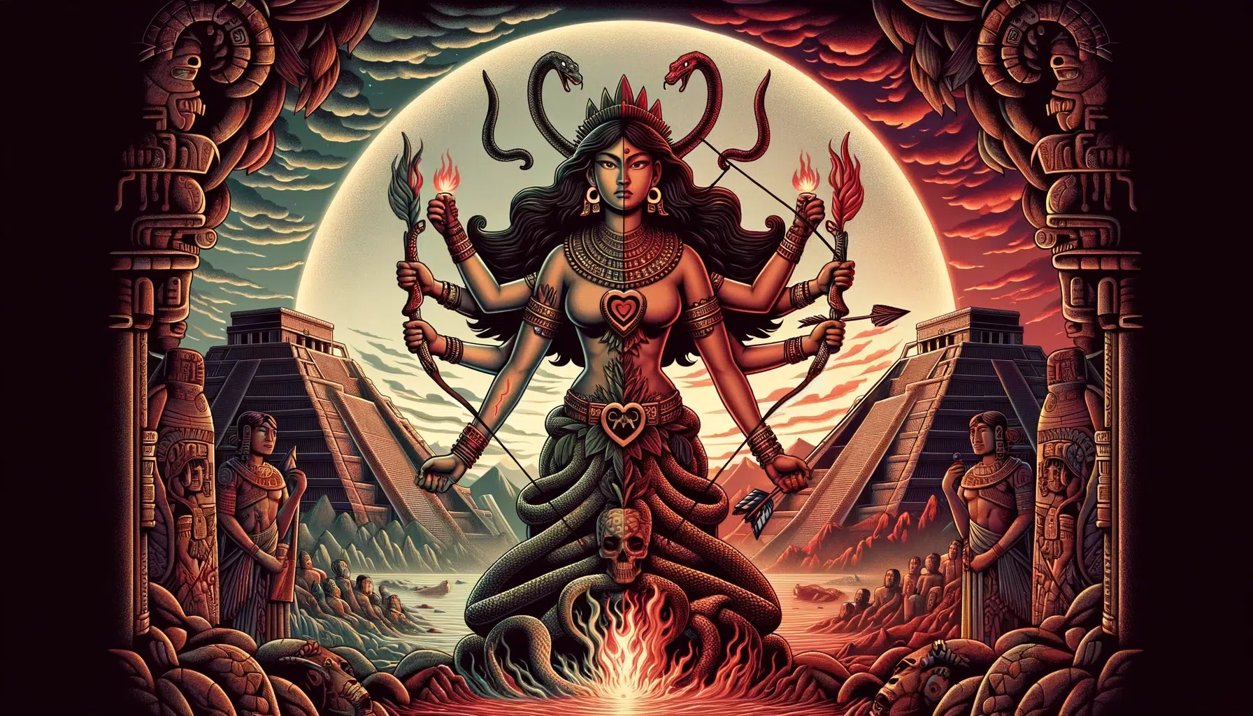 Coatlicue, the Mother of All Gods in Aztec mythology, has been created. It captures her dual nature and the profound symbolism associated with her in a dramatic Aztec landscape