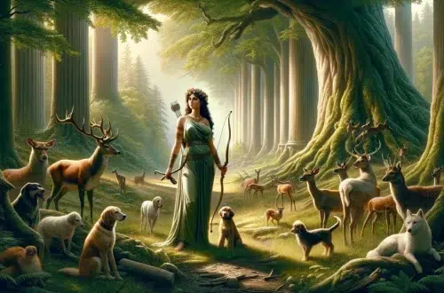 Diana is a deity in Roman mythology, associated with wild animals, the hunt, and having the power to talk to and control animals. She is known for her virginity and is a protector of childbirth and women. She is often depicted as a huntress carrying a bow and arrows, accompanied by a deer or hunting dogs.