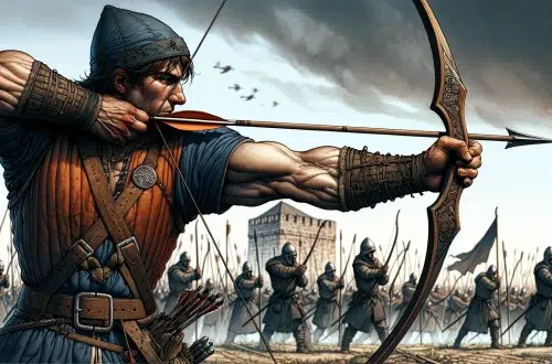 illustrates the strength required to draw the English longbow, set against a medieval battlefield backdrop