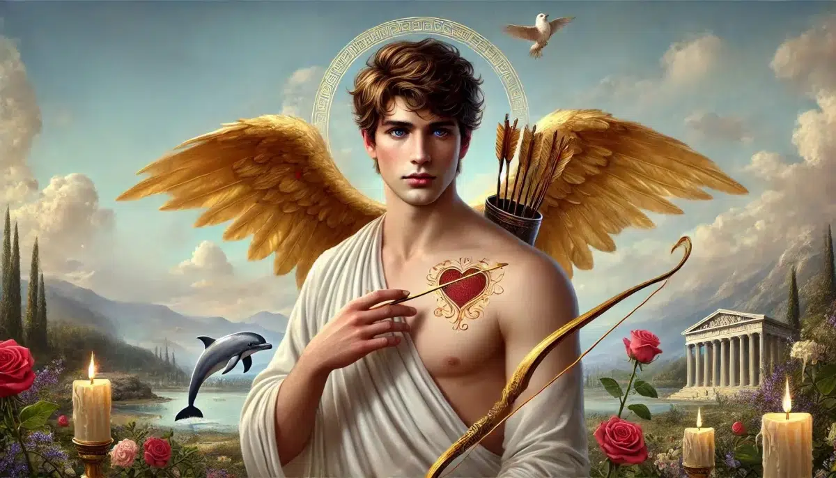 Eros, the god of love, depicted as a young man in his twenties. He has brown tussled hair, blue eyes, and no facial hair. He carries arrows in a golden quiver on his back and holds a golden bow. Eros wears a typical Greek robe draped across his chest. He has large golden wings and is very good looking. The background features a serene, mythical landscape, emphasizing his divine and enchanting presence. Add the following symbols to the background: Bow and Arrows to represent the power to incite love and passion, Wings to denote the swift nature of love’s onset, a Flaming Torch to symbolize the burning flame of passion, and Dolphins, Roses, and Sparrows to symbolize playfulness, beauty, and amorousness respectively