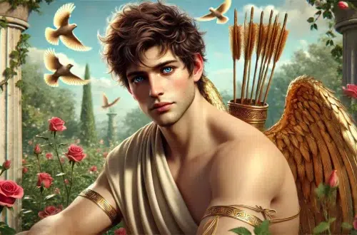 Eros, the god of love, depicted as a young man in his twenties, sitting in a Greek garden. He has slightly darker, neatly tousled hair, blue eyes, and no facial hair. He carries arrows in a golden quiver on his back and holds a golden bow. Eros wears a typical Greek robe draped across his chest. He has large golden wings and is very good looking. The background features a serene Greek garden with sparrows flying and roses scattered around, emphasizing his divine and enchanting presence.