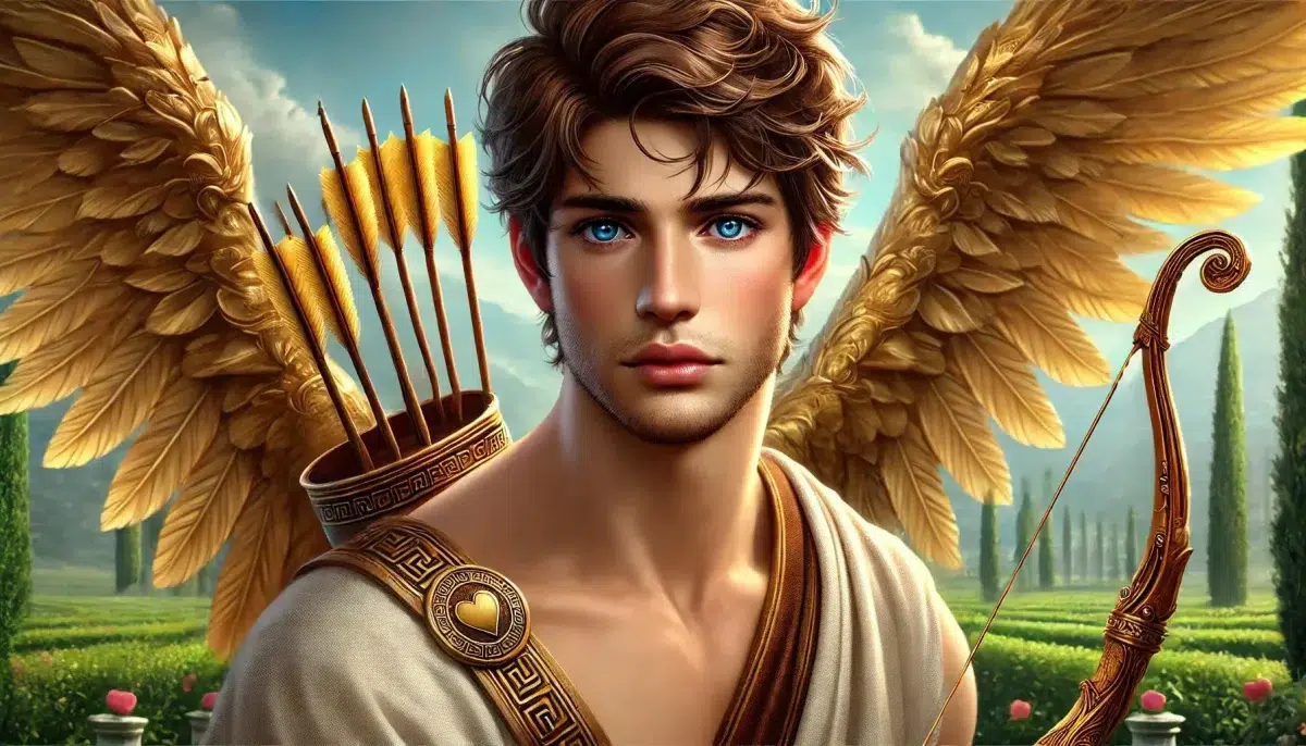 Eros, the god of love, depicted as a young man in his twenties. He has brown tussled hair, blue eyes, and no facial hair. He carries arrows in a golden quiver on his back and holds a golden bow. Eros wears a typical Greek robe draped across his chest. He has large golden wings and is very good looking. The background features a serene, mythical landscape, emphasizing his divine and enchanting presence