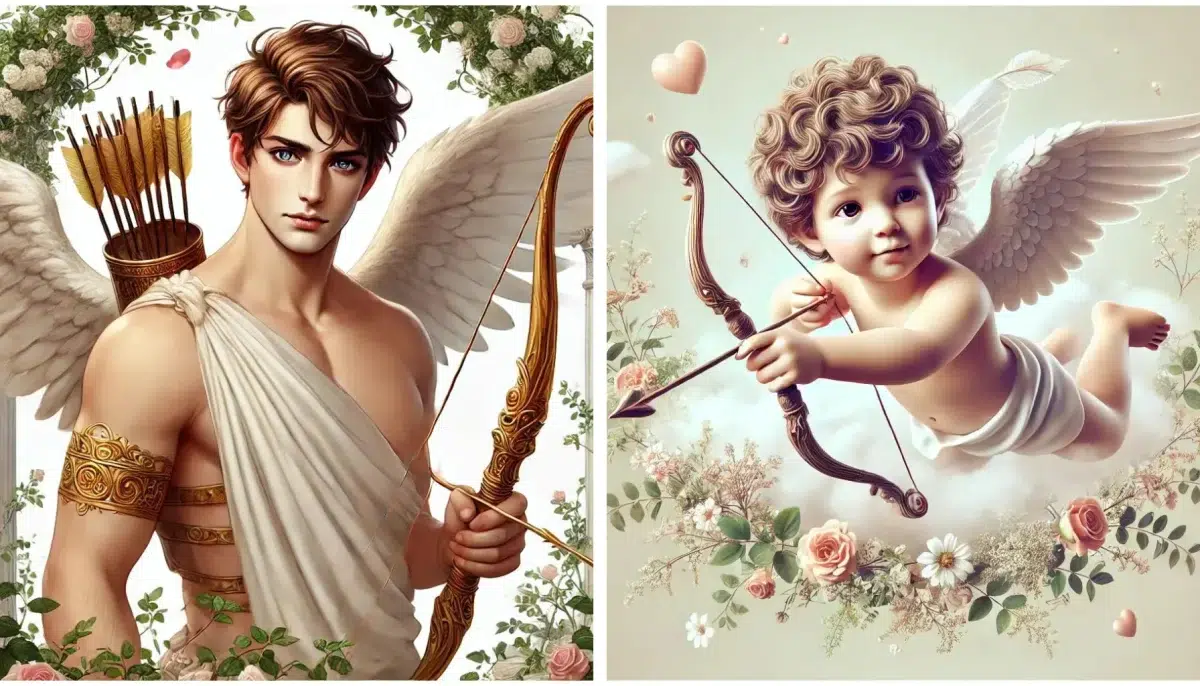 Eros, the god of love, depicted as a young man in his twenties, standing and holding his bow and arrow. He has slightly darker, neatly tousled hair, blue eyes, and no facial hair. He carries arrows in a golden quiver on his back. Eros wears a typical Greek robe draped across his chest. He has large golden wings and is very good looking. Cupid, often presented as a mischievous young boy, depicted with a bow and arrow and wings. He is around 5 or 6 years old with curly hair and a playful expression. Cupid is shown flying in the air with small, delicate wings, holding a bow and arrow. The background features flowers and hearts, emphasizing his representation of love.