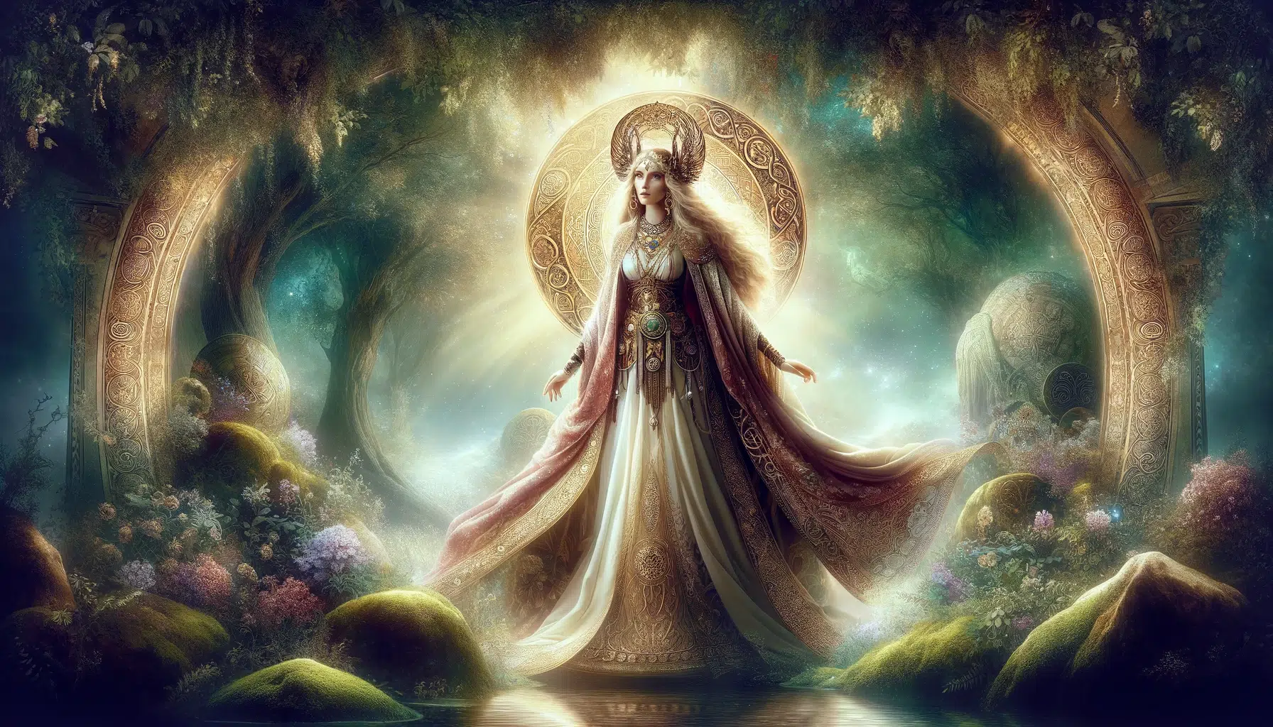 enchanting presence of Freya as celebrated in Norse mythology, set against a mystical Norse landscape that reflects her divine essence