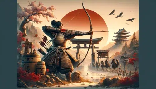 showcasing Hachiman in a dignified manner with a longbow, set against a backdrop that reflects his reverence and importance in Japanese culture, incorporating elements like the torii gate and cherry blossoms to evoke a sense of tradition and the sacred connection between the martial and the divine
