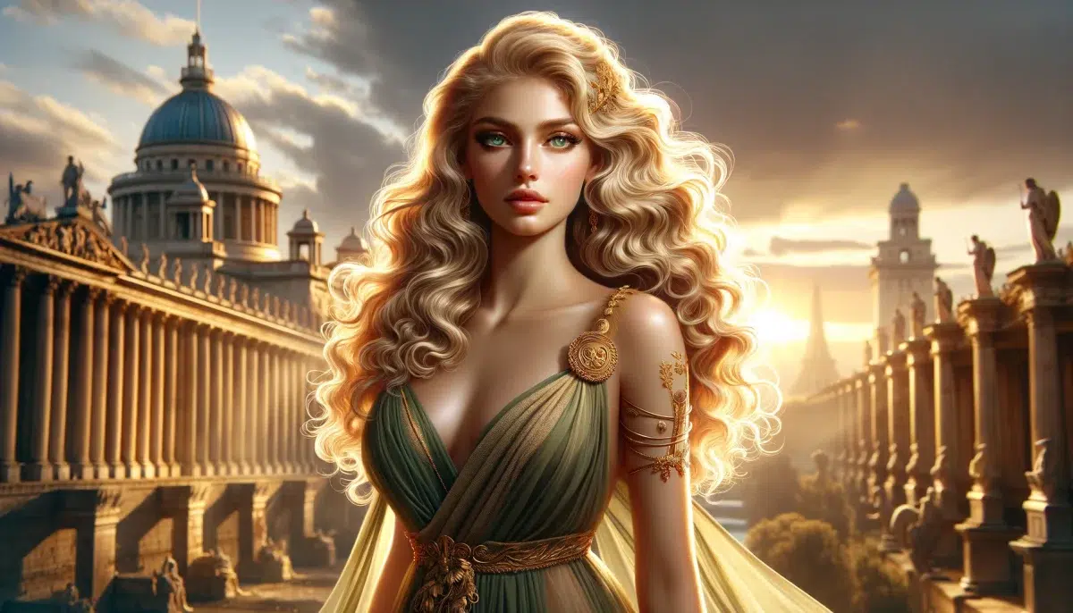 Helen, a legendary figure from Greek mythology, standing elegantly with blond wavy hair and green eyes. She is stunningly beautiful and wears a flowing gown adorned with golden accents. The background features a grand ancient city with majestic walls and towers. The setting sun casts a golden glow, highlighting her mythical beauty and regal presence.