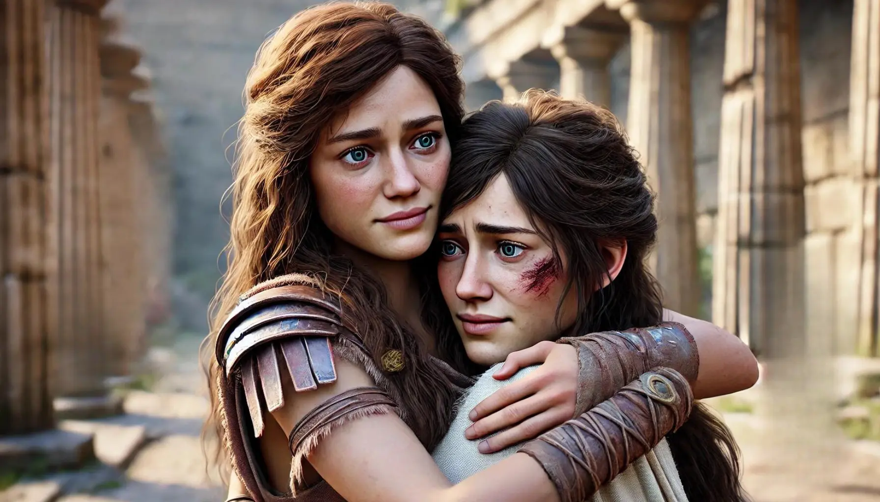 Hippolyta hugging her sister Melanippe after being released from Heracles. Melanippe has dark brown hair, green eyes, and a few scrapes and scratches. She is wearing a common dress. Hippolyta is slightly older with medium brown long hair, blue eyes, and appears uninjured. She is wearing Amazon armor