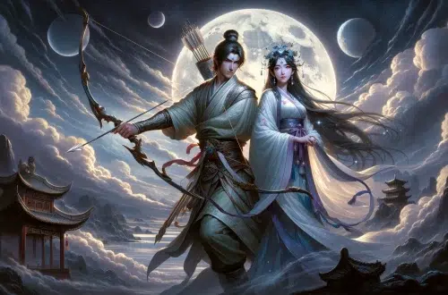 Hou Yi, the skilled archer, with Chang'e, the moon goddess, set in a romantic and mythical scene under a moonlit sky