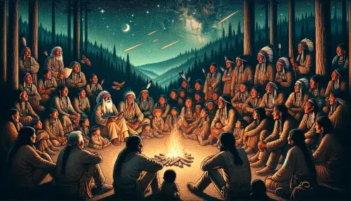influence of stories on Cherokee culture has been created. It vividly captures a gathering of Cherokee people, symbolizing the impact of these tales on their values, traditions, and connection with nature
