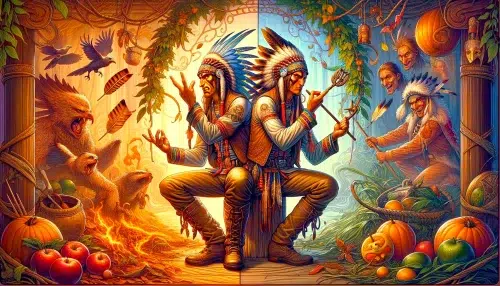 Kanati as both a trickster and a hero in Cherokee mythology captures the complexity of his character, blending his cunning and noble aspects against a backdrop that reflects Cherokee culture and spirituality