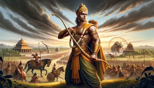 Karna, the famous archer in mythology from the Indian epic Mahabharata surrounded by a battle scene