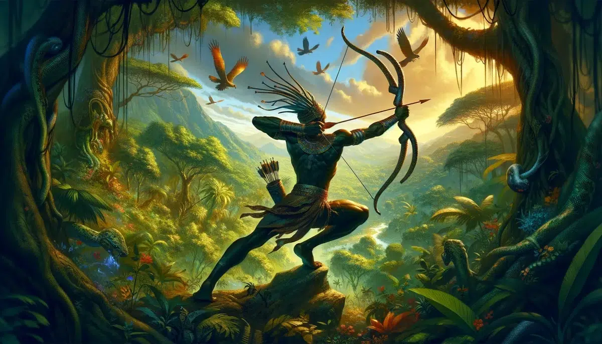 Khonvoum, the revered hunter god in African mythology, known for his mastery over archery, set against the backdrop of a dense and vibrant African jungle