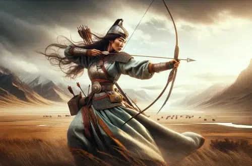 Khutulun, the Mongolian warrior princess legend, depicted in the vast Mongolian steppe, showcasing her strength and skill in archery