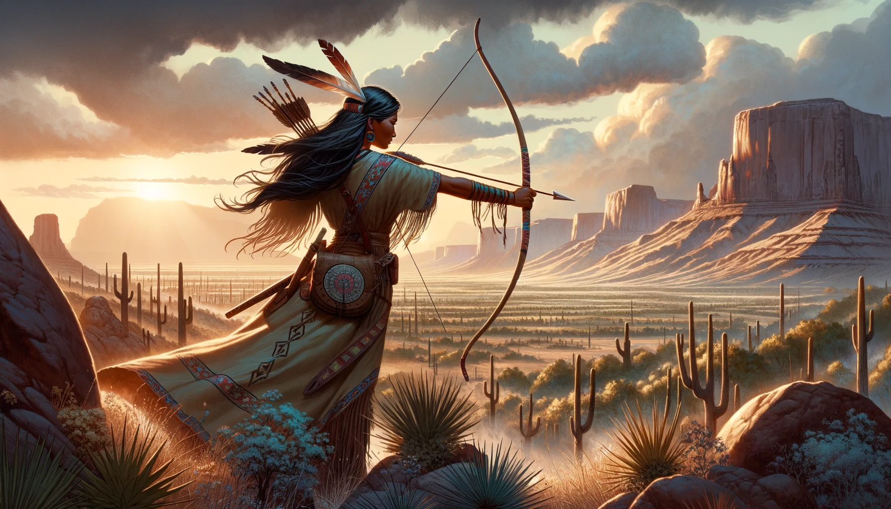 Lozen, the revered female warrior and prophet of the Chiricahua Apache, depicted in a moment of bravery and determination, highlighting her exceptional skills in archery and her profound connection to the land and Apache culture