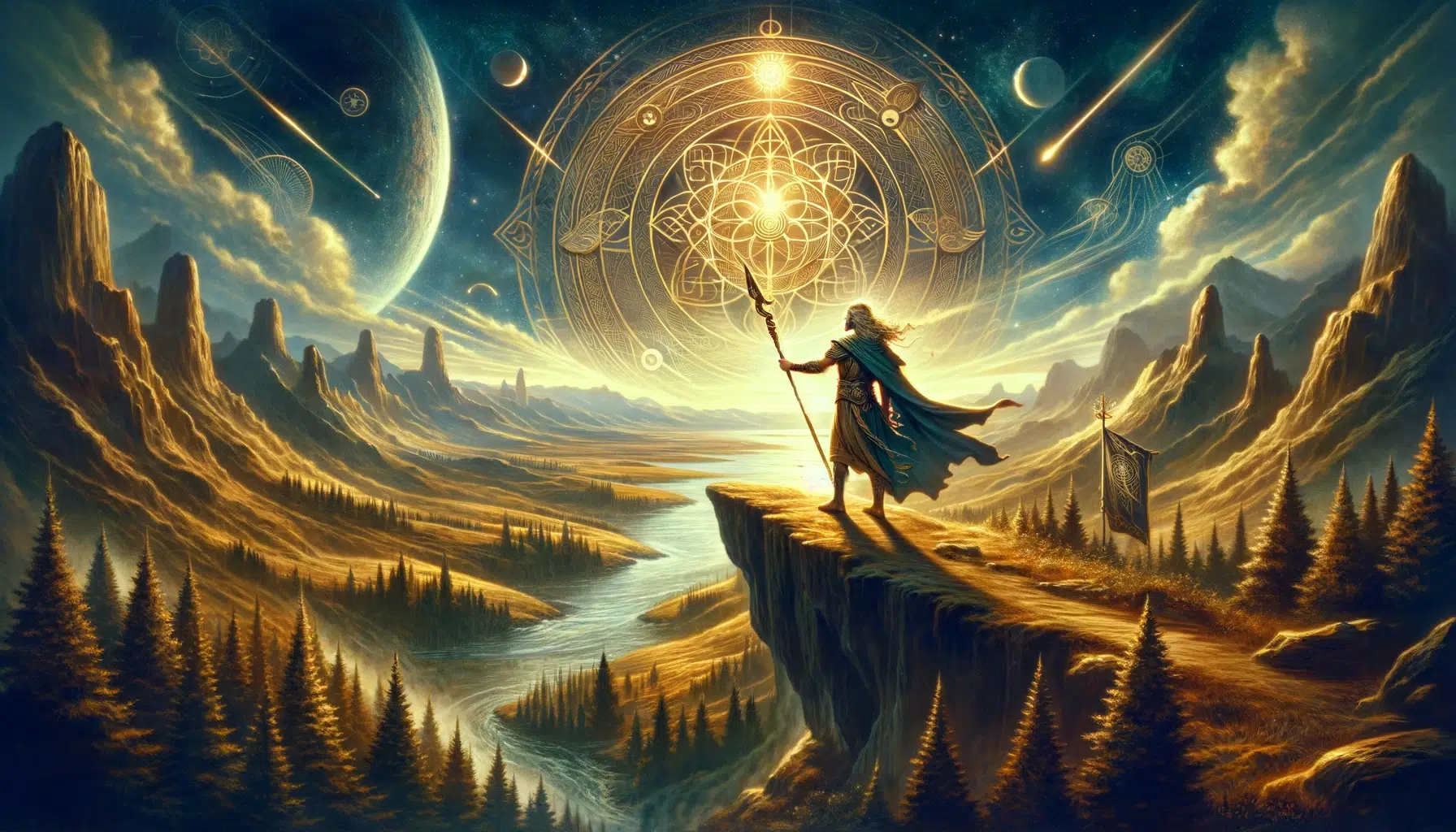 Lugh, the multifaceted Celtic deity, in a scene that embodies his role as the Guardian of Cosmic Order, portrays Lugh in a commanding stance, highlighting his connection to both the earthly realm and the cosmos, reflecting his power, wisdom, and the balance he brings to the universe