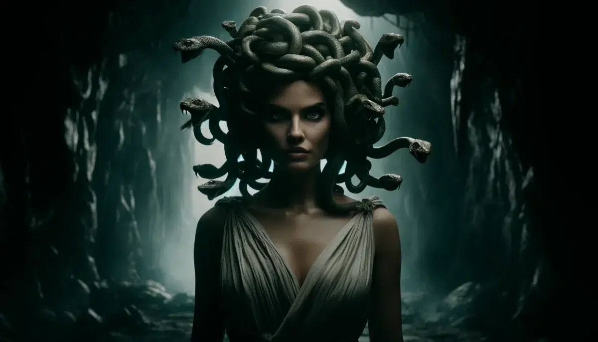 Medusa, a famous figure from Greek mythology, she has snakes for hair and a fierce expression. Her gaze is intense, capable of turning people to stone. She wears a flowing, ancient Greek gown. The background features a dark, eerie cave with rocky walls and shadows, emphasizing her isolation and fearsome nature.