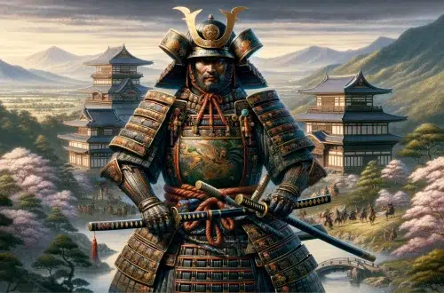 Minamoto no Tametomo, a legendary samurai dressed in traditional armour with Japanese buildings behind him set in Japan