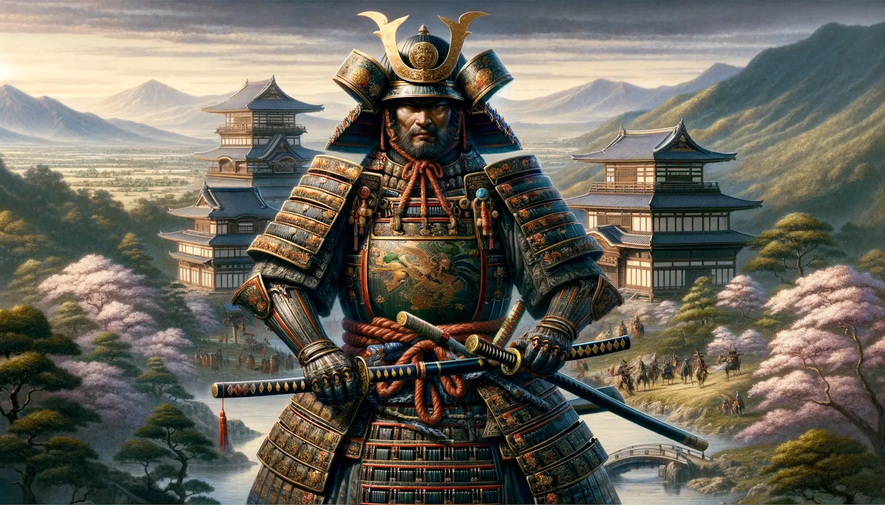 Minamoto no Tametomo, a legendary samurai dressed in traditional armour with Japanese buildings behind him set in Japan