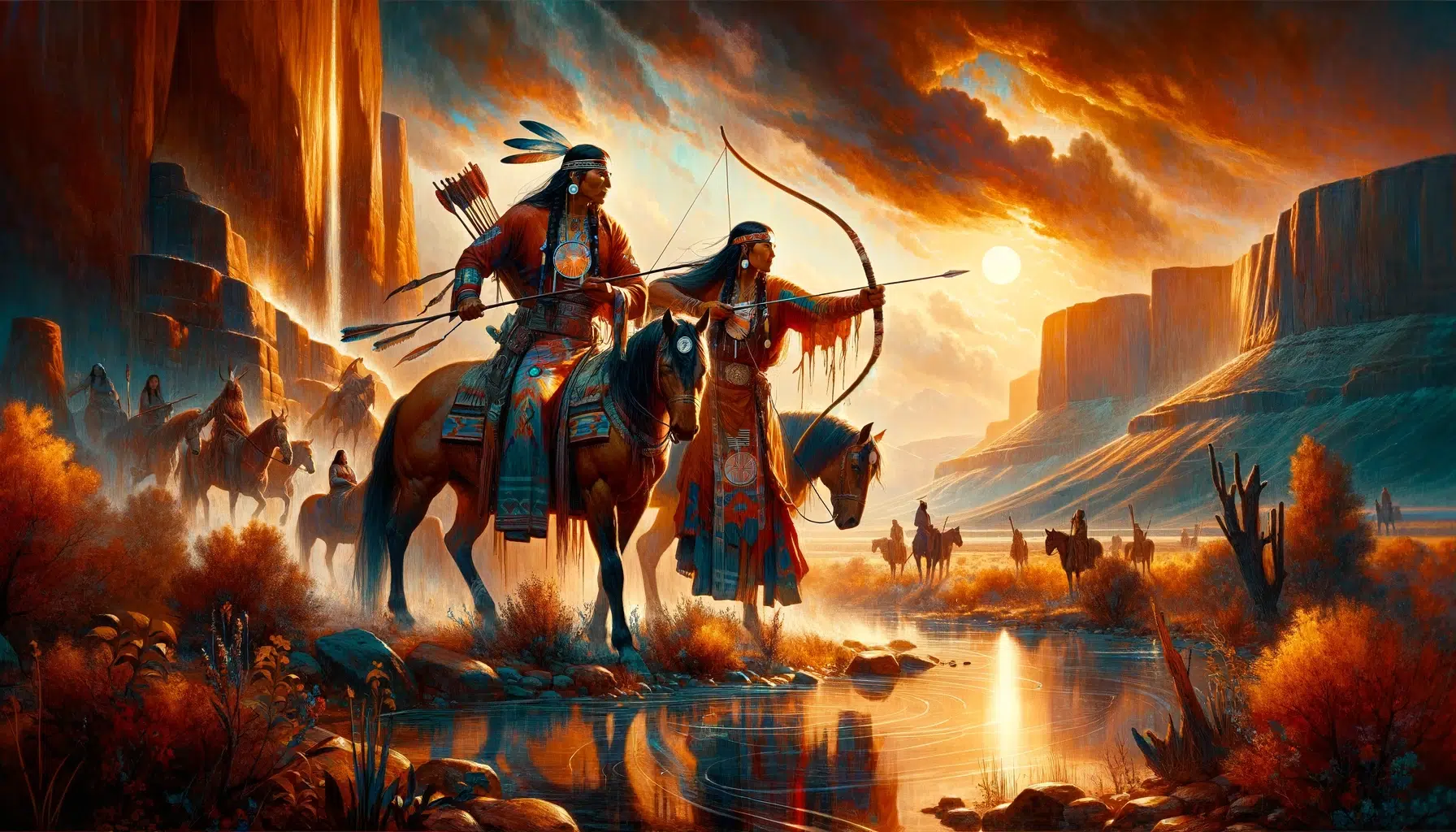 the vivid and dynamic essence of the Navajo Hero Twins, Naayéé' Neizghání (Monster Slayer) and Tóbájíshchíní (Born-for-Water), showcasing their bravery and their journey