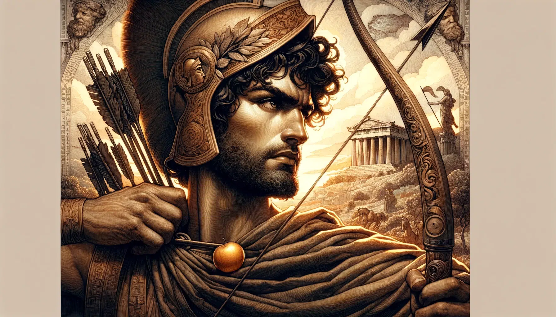 artistic scene captures Paris in a heroic pose with a bow, symbolizing his marksmanship and the crucial judgment involving the golden apple. His expression blends confidence with contemplation, amidst subtle references to the Judgment of Paris and the ancient city of Troy, conveying themes of destiny, beauty, and the tragic outcomes of personal decisions.