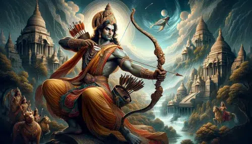showcases Rama, the legendary archer from Hindu epics, depicted in a heroic pose with his iconic bow, set against a backdrop that captures the spiritual and legendary dimensions of his adventures