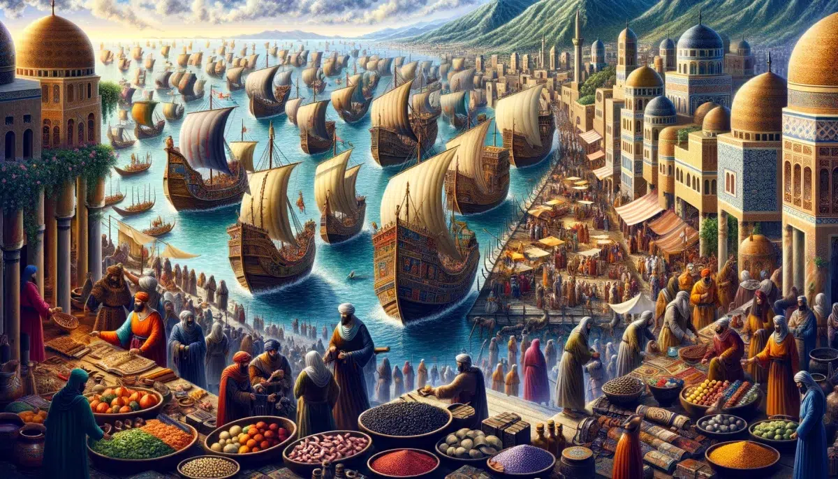Saracen economy and their extensive trade networks in the Mediterranean during the medieval period, captures the vibrancy of Saracen markets, trade ships, and the diverse goods that were central to their role as key players in Mediterranean trade