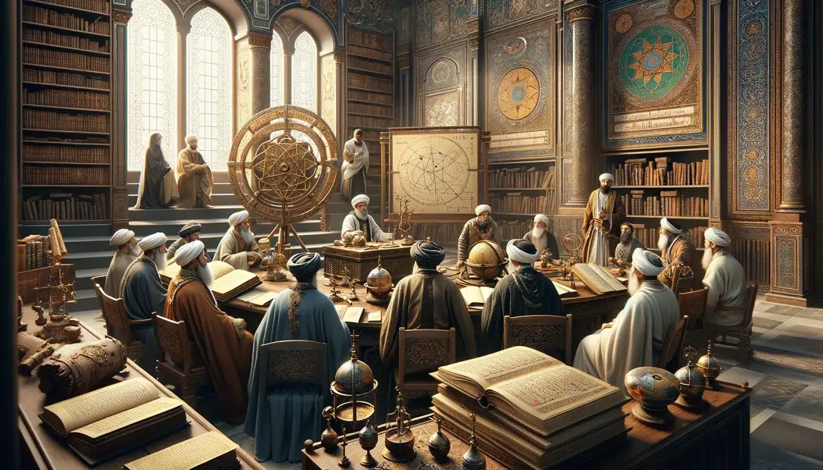 Saracen scholars engaged in the sharing of scientific and mathematical knowledge, set in an atmosphere of collaboration and mutual respect