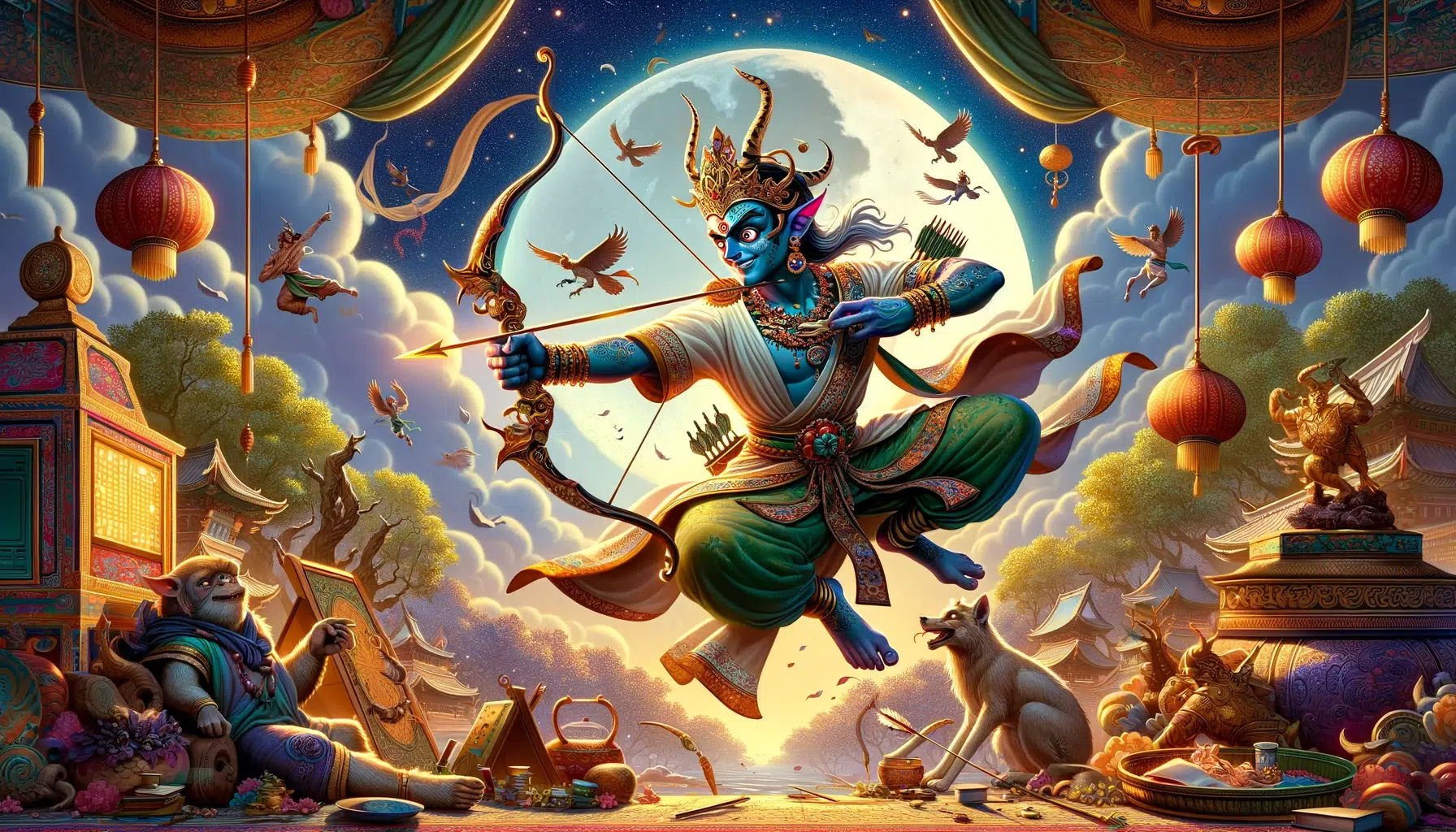 Seokga, the trickster god, in an imaginative and playful scene that highlights his cunning, mischievous nature, and connection to archery, set in a vibrant and lively environment