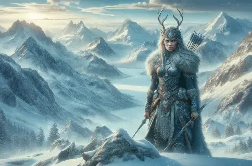 Skadi, the Norse Goddess of Winter and Mountains, standing majestic on a snowy peak, highlighting her dominion over winter landscapes and mountainous terrains