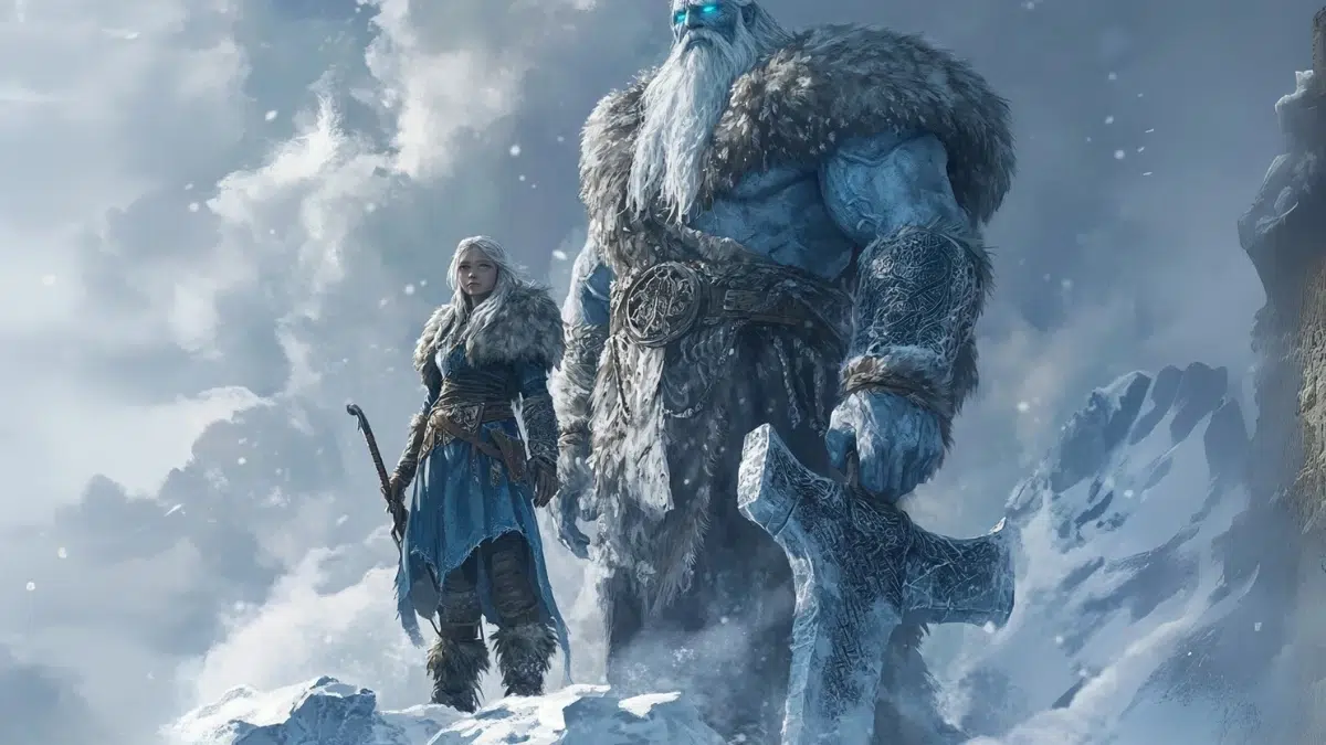 a young blond women wearing a fur-lined cloak stands beside a giant in the wintery mountains