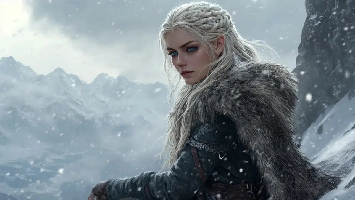 young norse woman with long blond hair and blue eyes wearing fur-lined cloak sits on the side of a mountain