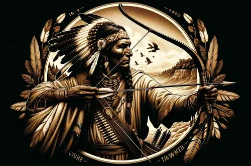 designed to honor Tecumseh, the Shawnee chief known for his leadership, eloquence, and vision, and captures the spirit and legacy of Tecumseh, emphasizing his skills with a bow and arrow and his commitment to protect his land and people